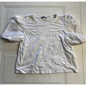 Zara White Puff Sleeve Cotton Tee T Shirt Top Short Sleeve Size XL